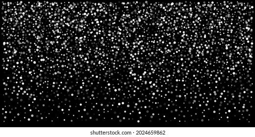 Christmas vector snow backdrop. Silver glitter background, falling and flying circle snowflakes confetti. Sparkle dots, round tinsel elements