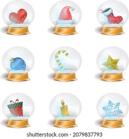Christmas Vector Snow Ball Set. Set Of Winter Snow Balls With Christmas Objects Inside.