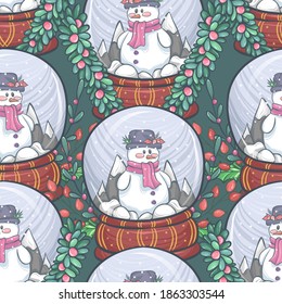 Weihnachtsvektorschneekugel mit Schneemann. Handgefertigte, nahtlose Muster auf dunklem Hintergrund.
 