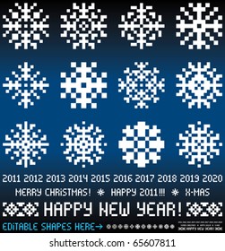 Christmas vector snowflakes designs in pixel style. Christmas and New Year greetings 2011-2020