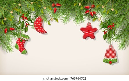 Christmas vector spruce border. Branches of fir tree with hanging textile handmade decorations