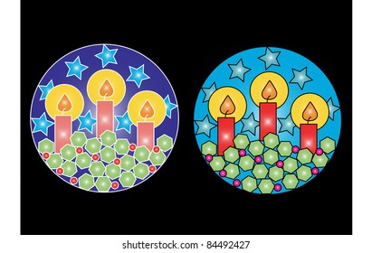 christmas vector stained glass with motive of candles,snow flakes and holly isolated on black background