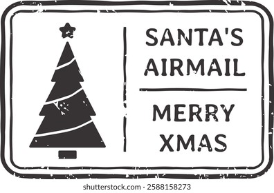 Christmas vector stamp featuring a textured design with a Christmas tree icon and Santa s Airmail message, joyfully wishing everyone a Merry Christmas during the festive season