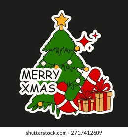 Christmas vector Sticker design isolated black background. Holiday Christmas Sticky Sticker template design with white outline. Perfect for social media and t-shirt print. EPS 10