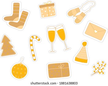 Christmas vector sticker set. Hand drawn new year stickers. 
gift, champagne, socks, mittens, Christmas tree toy, cookies, letter, Candy cane