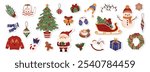 Christmas vector stickers collection with Santa, snowman, decorated tree, cozy sweater, wreath, presents, and holiday decorations. Winter elements for scrapbooking. Hand drawn style. White background.