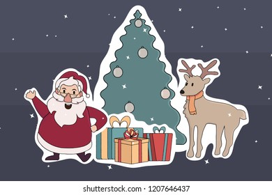 Christmas vector stickers collection. Santa claus, christmas tree, deer and presents.  Merry Christmas greeting card vector. Template for banners, presentations and greeting cards. stock vector
