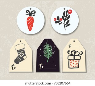 Christmas vector tags. Badges for presents. Celebration cozy mood