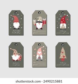 Navidades etiquetas de Vector linda colección. Etiquetas con gnomos en colores rojo, beige, rosa y gris