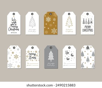 Christmas vector tags cute collection. Labels with christmas trees, snowflakes, stars and lettering in gold, silver and black colors