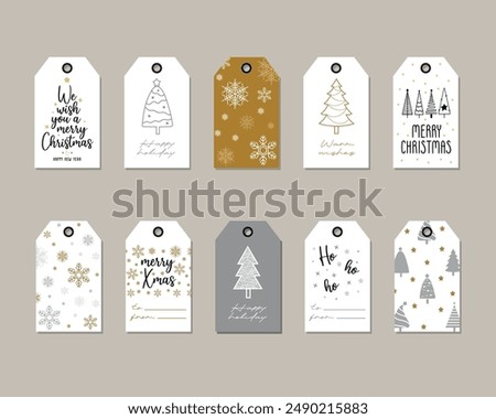Christmas vector tags cute collection. Labels with christmas trees, snowflakes, stars and lettering in gold, silver and black colors