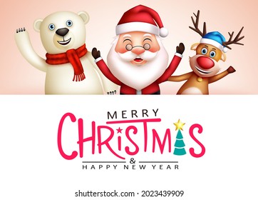 Christmas vector template design. Merry christmas text with jolly santa claus, reindeer and polar bear xmas characters for holiday season greeting card. Vector illustration
