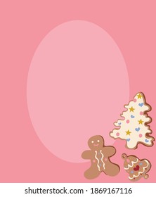 Christmas vector template with gingerbread man, fir and bell cookies on pastel pink background. Winter holidays, sweet, for kids, treats, new year, Christmas market.Illustration, greeting card, banner