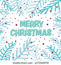 Christmas vector template. Hand lettering with branch frame. Christmas greeting card.