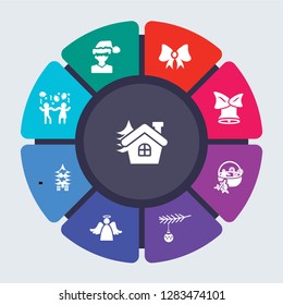 christmas vector template for infographics. Business concept with 9 options, steps, parts, segments. Banner infographic cycling diagram, round chart, Cabin, Christmas Boy icons