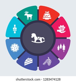 christmas vector template for infographics. Business concept with 9 options, steps, parts, segments. Banner infographic cycling diagram, round chart, Rocking horse, Reindeer, Pudding icons