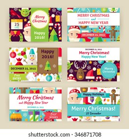 Christmas Vector Template Invitation Set. Flat Design Vector Illustration for Winter Holiday Promotion. Happy New Year Colorful Pattern for Advertising.
