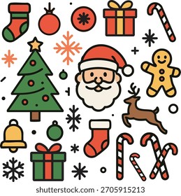 Navidades Vector Plantilla Diseño de una sola página Árbol mínimo Regalos de Santa Ornamentos Fácil de rastrear
