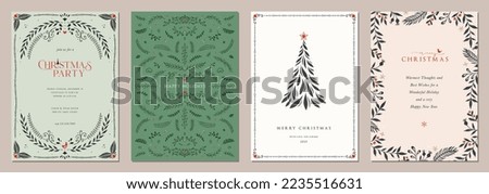 Christmas vector templates. Universal Winter Holiday cards with decorative Christmas Tree, ornate floral background and frame with copy space, birds and greetings.