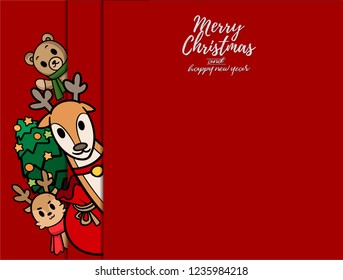 Christmas vector text Calligraphic Lettering design card template.cartoon character reindeer and Teddy Bear with red blank signboard.Holiday greeting card Isolated vector illustration.