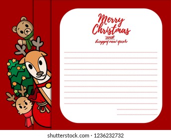 Christmas vector text Calligraphic Lettering design card template.cartoon character reindeer and Teddy Bear with red blank signboard.Holiday greeting card Isolated vector illustration.