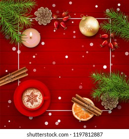 Christmas vector top view background with spruce branches, Christmas gold ornament, candle and decorations on red wooden table