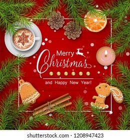 Christmas vector top view background with a cup, fir twigs, gingerbread, candle and Christmas decorations on red wooden table