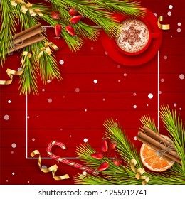 Christmas vector top view background with spruce branches, Christmas gold ornament, cup of coffee and decorations on red wooden table
