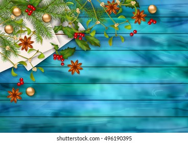 Christmas vector top view background. Paper sheet, tree branches, Holly, Mistletoe and star anise on wooden table