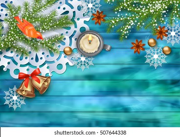Christmas vector top view background. Candle, tree branches, bell, ornament and star anise on wooden table