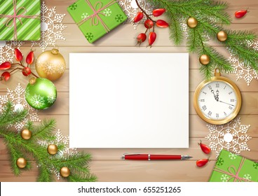 Christmas vector top view background. Blank paper sheet with a clock, fir twigs, gifts, Christmas balls on wooden table