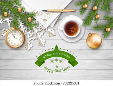 Christmas vector top view background with a clock, fir twigs, Christmas balls on wooden table