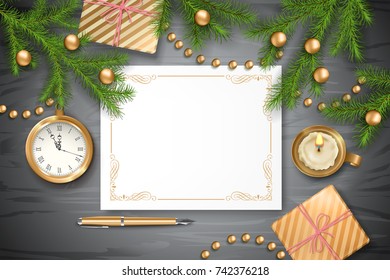 Christmas vector top view background with a clock, fir twigs, Christmas balls and gifts on wooden table