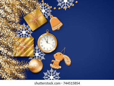 Christmas vector top view background with a clock, fir twigs, Christmas gold ornaments and gifts