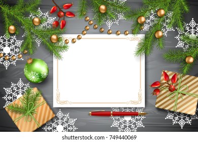 Christmas vector top view background with a blank piece of paper, fir twigs, Christmas gold ornaments and gifts on wooden table