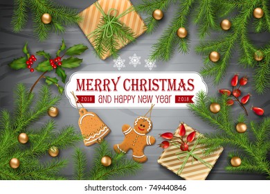 Christmas vector top view background with fir twigs, Christmas gold ornaments, gingerbread and gifts on wooden table