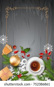 Christmas vector top view background with fir twigs, Christmas gold ornament and gifts on wooden table
