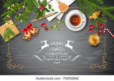 Christmas vector top view background with a cup, fir twigs, Christmas gold ornament and gifts on wooden table