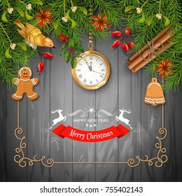 Christmas vector top view background with a cup, fir twigs, Christmas gold ornament and gifts on wooden table