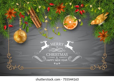 Christmas vector top view background with spruce branches, Christmas gold ornament and decorations on black wooden table