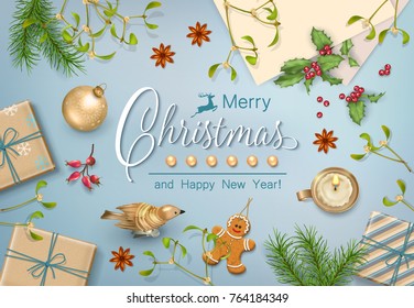 Christmas vector top view background with a candle, gift box, Christmas gold ornaments and decorations. Flat lay design