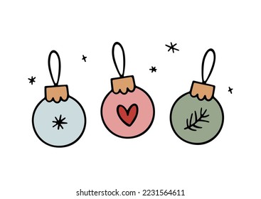 Christmas vector toys with snowflake, heart and spruce branch. Festive elements isolated on white. Cute hand drawn colorful illustration for winter design, prints and posters. New Year celebration set