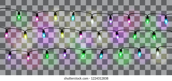 Christmas vector transparent background with a glowing garland. Bright New Year's light bulbs. 