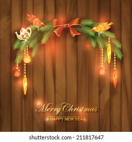 Christmas vector tree branch with toys and decorations on a wooden wall abstract background