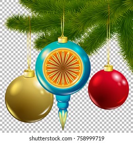 Christmas vector tree decorative branch with baubles on transparent background. Realistic pine branches illustration