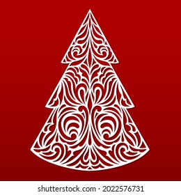 Árbol vectorial de Navidad. Plantilla de encaje para láser, corte de papel. Ilustración decorativa ornamental. Silhouette para tarjetas, volantes, impresión. Diseño moderno para las vacaciones de invierno. Decoración casera.