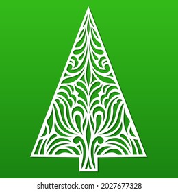 Christmas vector tree. Lace template for laser, paper cutting. Decorative ornate illustration. Silhouette for cards, flyers, print. Modern design for winter holidays. Home decoration.