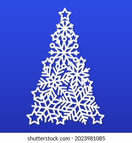 Árbol vectorial de Navidad con copo de nieve y estrellas. Plantilla para láser, corte de papel. Ilustración decorativa ornamental. Silhouette para cartas, imprimir. Diseño moderno para las vacaciones de invierno. Decoración casera.