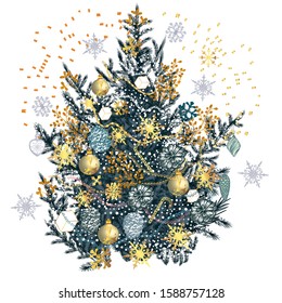 Christmas vector tree in vintage hand drawn style with golden snowflakes