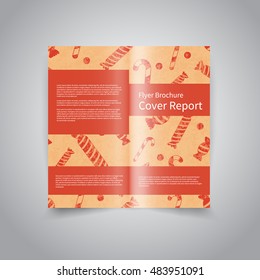 Christmas vector two fold brochure design template with retro colors background with candies. Mock up and back Brochure Design for Merry Christmas and Happy New Year party promotion or invitation